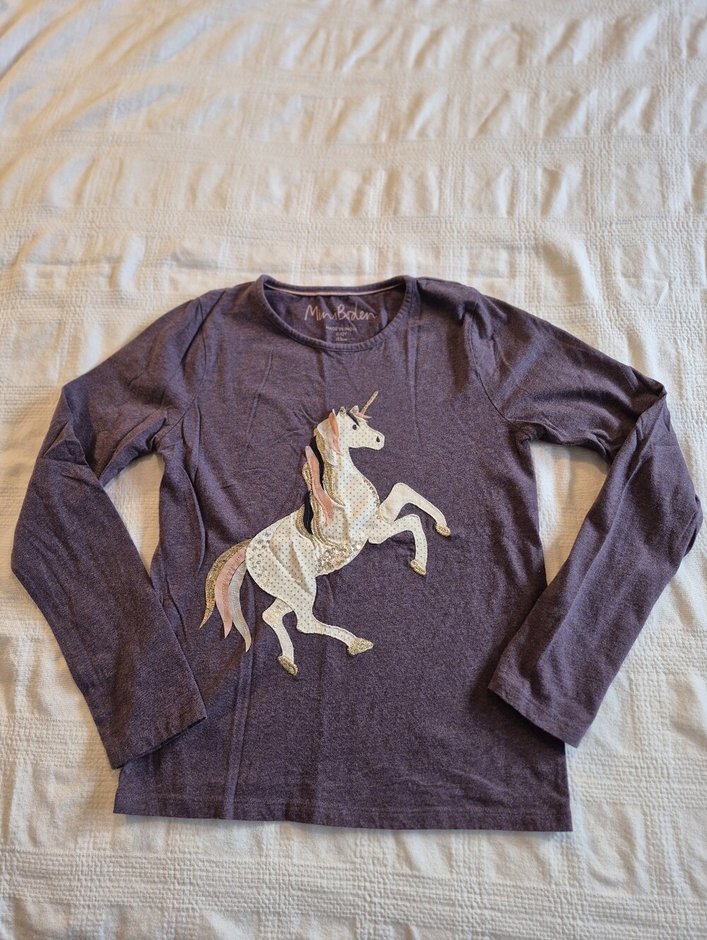 Mini Boden girls size 11/12 years purple unicorn long sleeve shirt VGUC